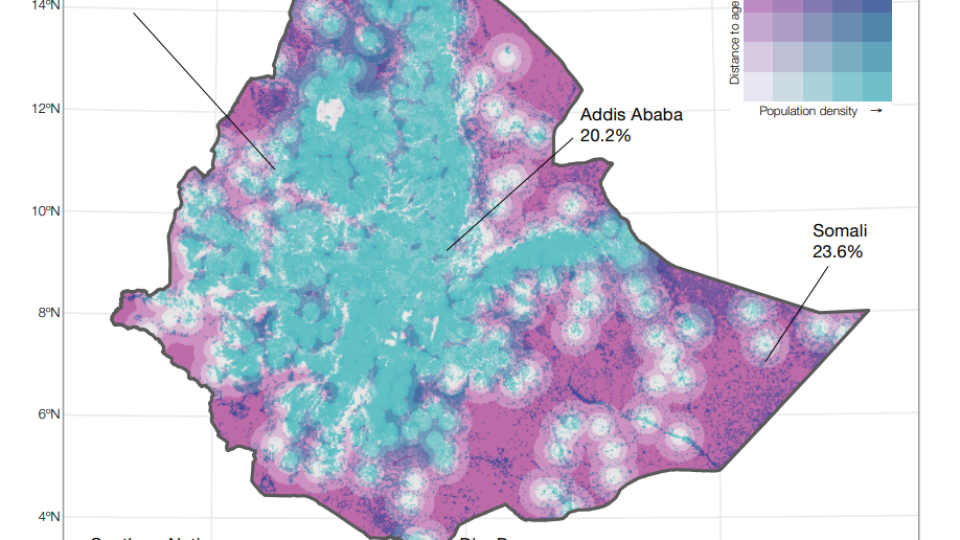 purple and blue heat map showing population density vs distance to remittance agent for Ethiopia