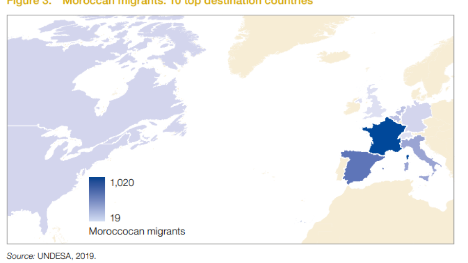 white, blue and yellow map showing the countries where Moroccans travel to. France is the darkest blue, indicating most migrants are there.