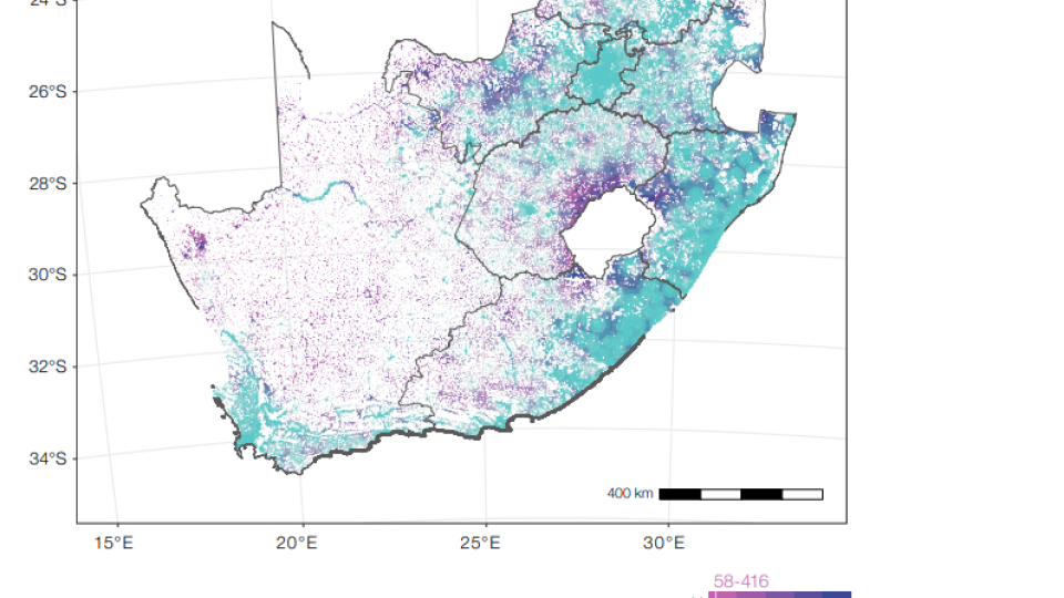 heat map showing population density vs distance to remittance agent in south africa